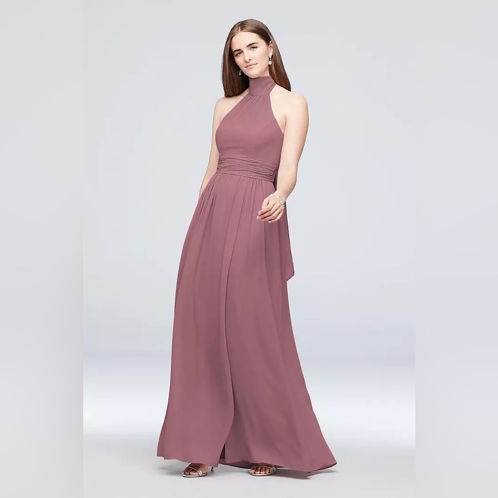David’s Bridal Tie Mock-Neck Ruched Georgette
Bridesmaid Dress